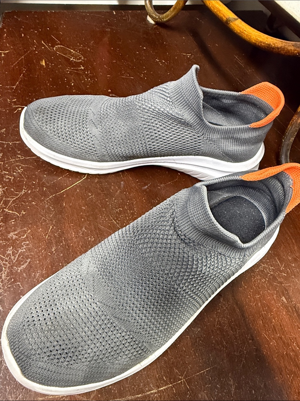 Women Slip-On Knit Sneakers - Gray with Orange Heel Tab